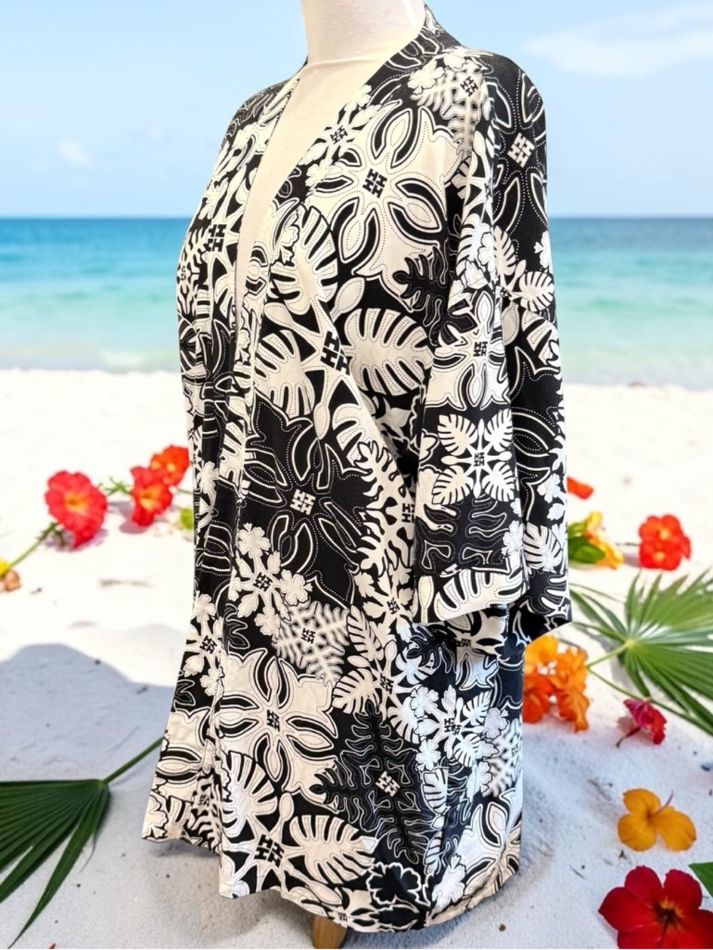 Hawaii's Finest Womens Sz M Kimono Open Cardigan Polynesian Floral Print Wrap - Picture 3 of 14